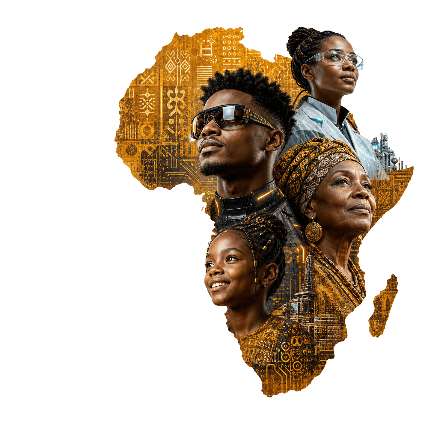 Futuristic Africans emerging from Africa map