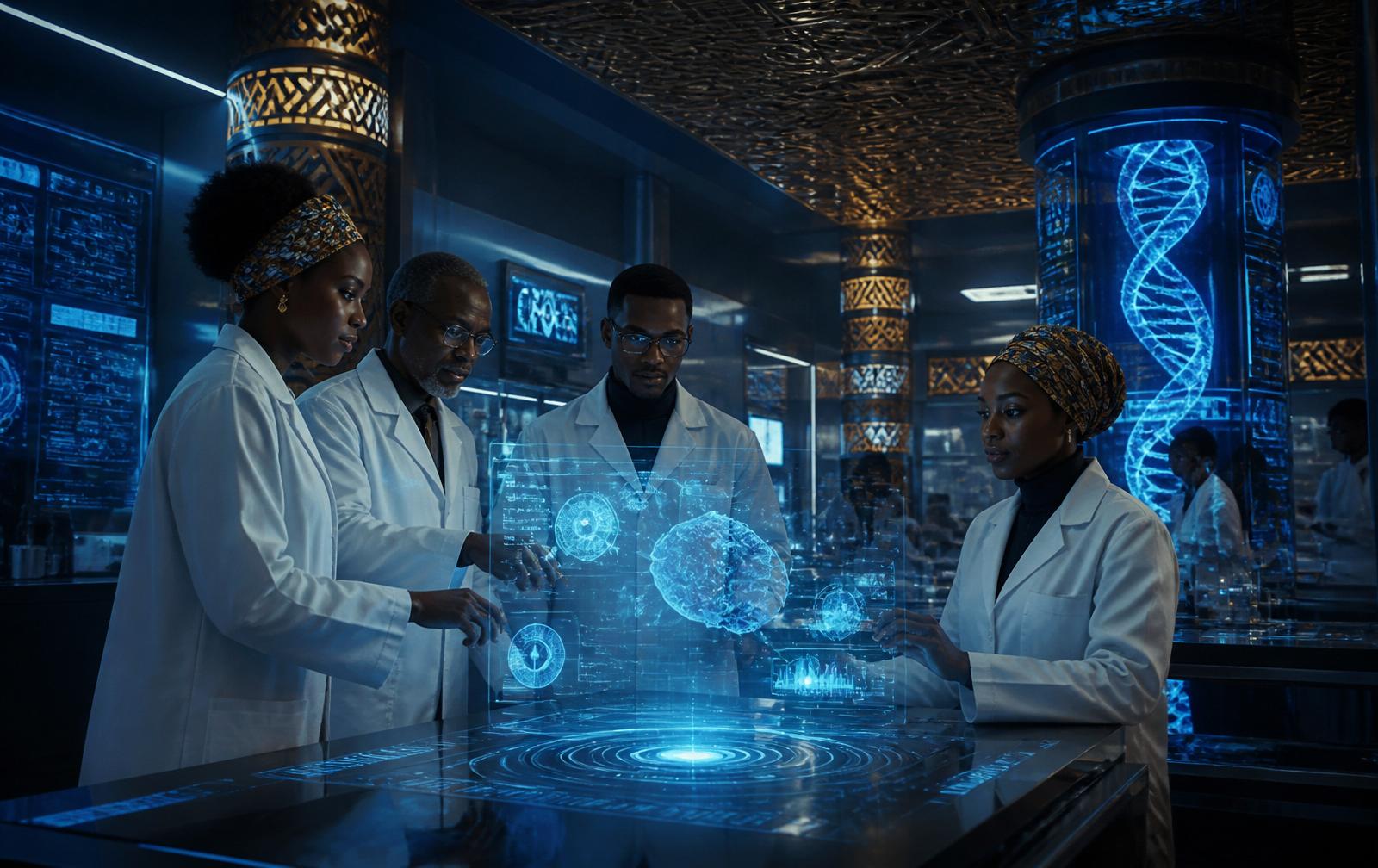 African scientists collaborating in a futuristic lab